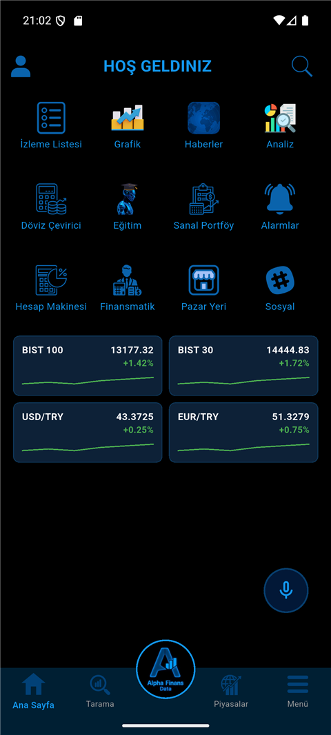 Alpha Finans Data mobile app dashboard with watchlists, markets, alerts and AI tools