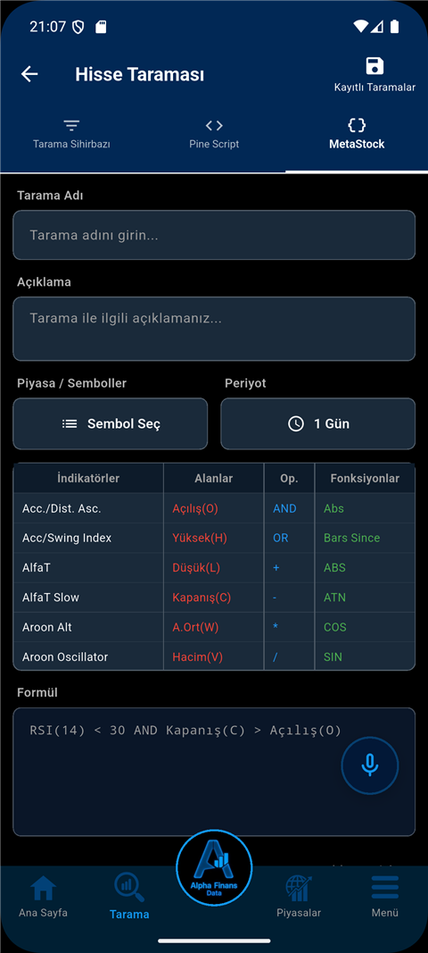 Advanced screener with indicator table and custom formula editor