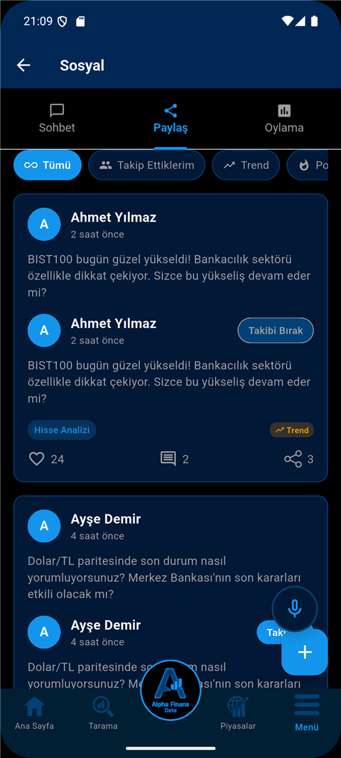 Community screen with investor discussions and trend topics
